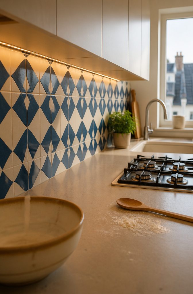 16 Ways to Decorate a Small Kitchen That Actually Work 11 Small kitchen with patterned tile backsplash between countertop and upper cabinets