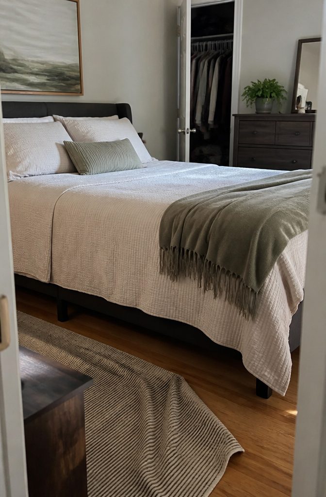 Made bed with smooth sheets coverlet and fluffed pillows