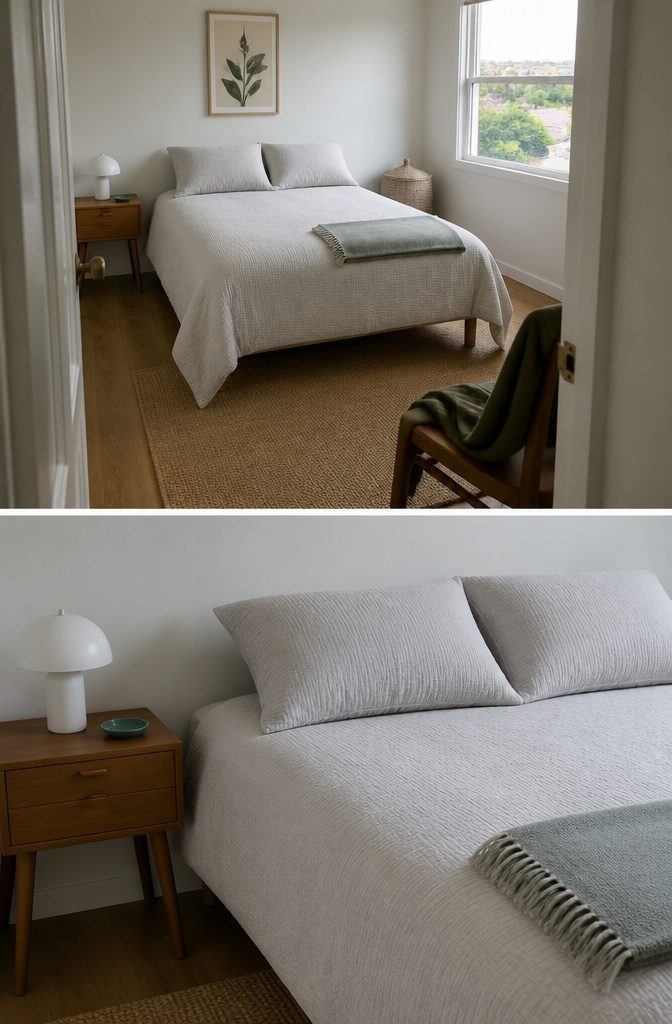 12 Ways to Organize Your Small Room Without Wasting Space 12 Neatly made bed with pillows and a folded throw in a small bedroom