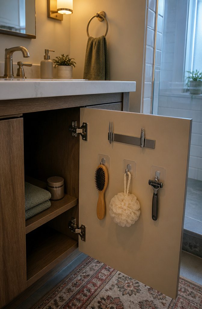 15 Ways to Organize a Small Bathroom Without Wasting Space 6 Open vanity cabinet with a brush loofah razor and metal tools on the door