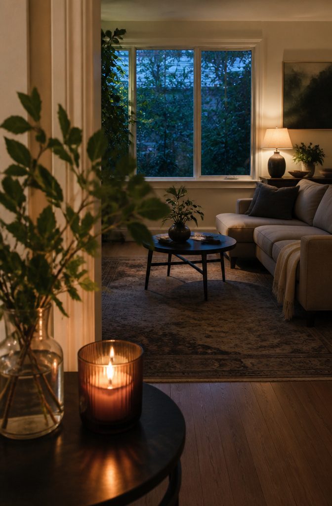 Living room with lit candle, warm lamps, greenery, and sofa
