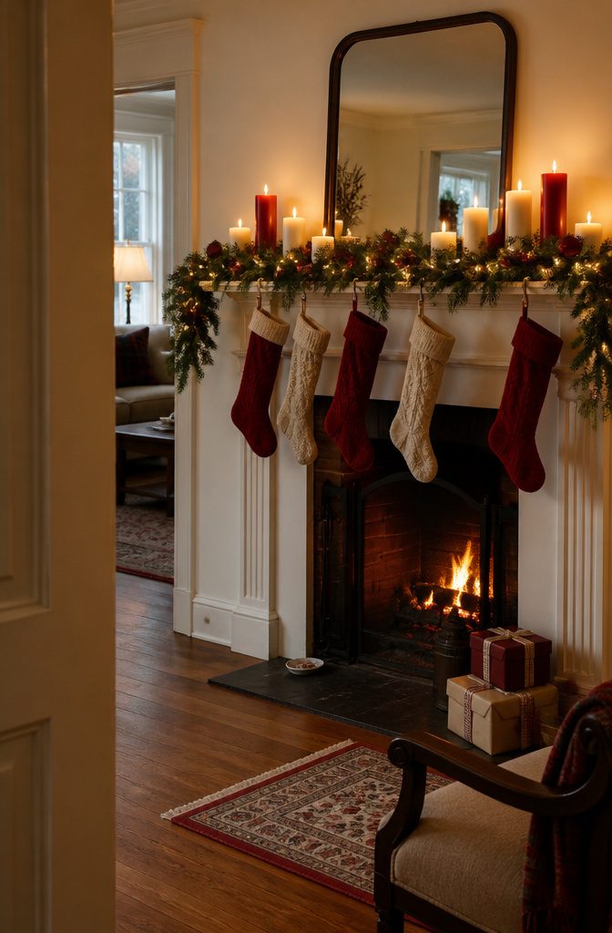 18 Ways to Decorate a House for Christmas 4 Mantel with fresh garland white lights candles and hanging stockings
