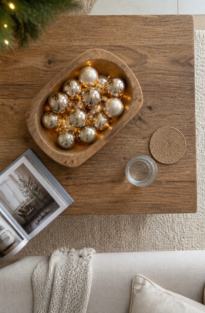 18 Ways to Decorate a House for Christmas 17 Decorative wooden bowl filled with metallic ornaments and fairy lights