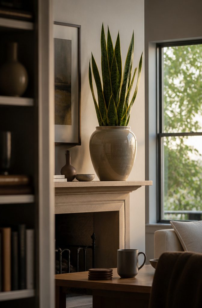 Snake plant with upright leaves in a glazed ceramic urn on a mantel