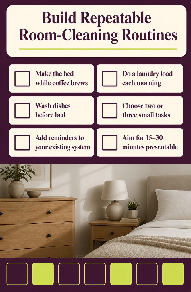 Room cleaning routine graphic with weekly tasks and bedroom details