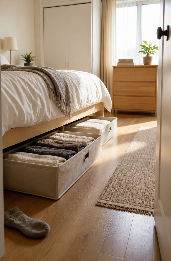 12 Ways to Organize Your Small Room Without Wasting Space 5 Under-bed storage containers with folded clothes in one partially pulled out