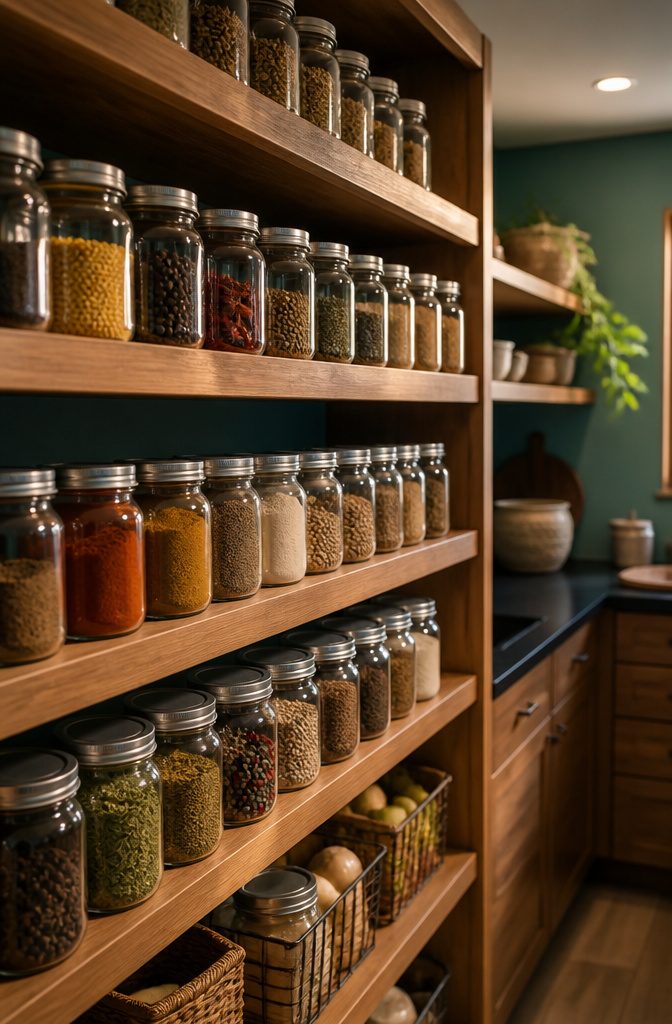 Rows of matching glass jars with labels on pantry shelves.