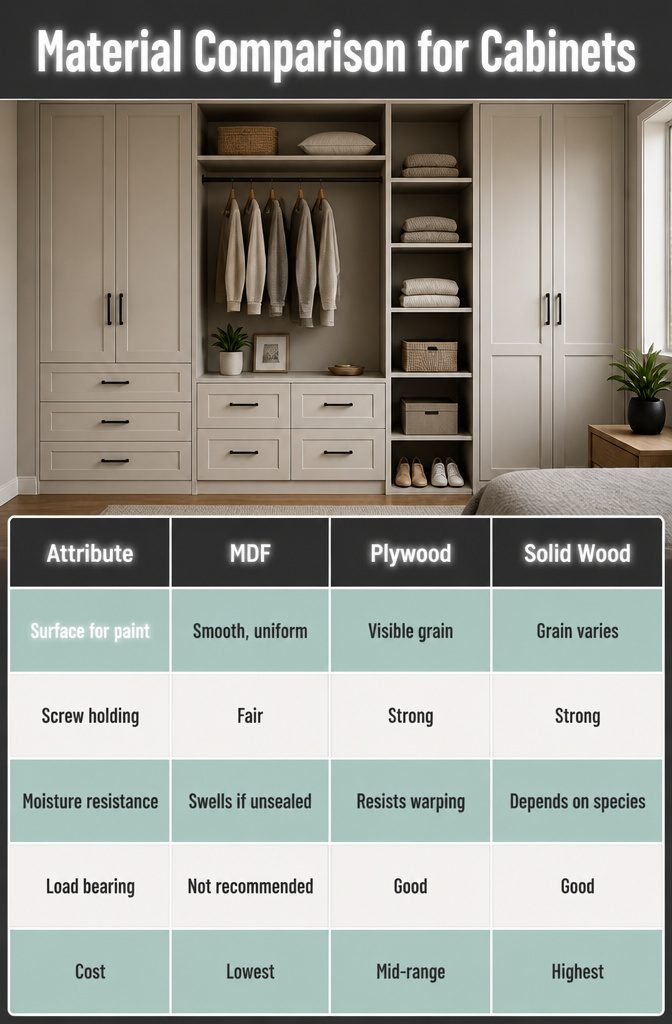 10 Bedroom Cabinet Ideas to Organize and Complete a Room in 2026 12 Chart comparing MDF, plywood, and solid wood for cabinets.