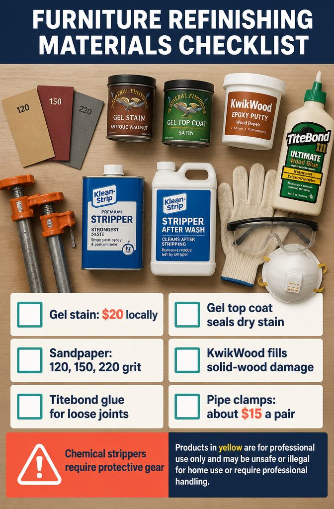 How to Restore Furniture: 6 Steps to Refinish Any Piece 10 Furniture refinishing supplies including stain, topcoat, sandpaper, putty, glue, and clamps