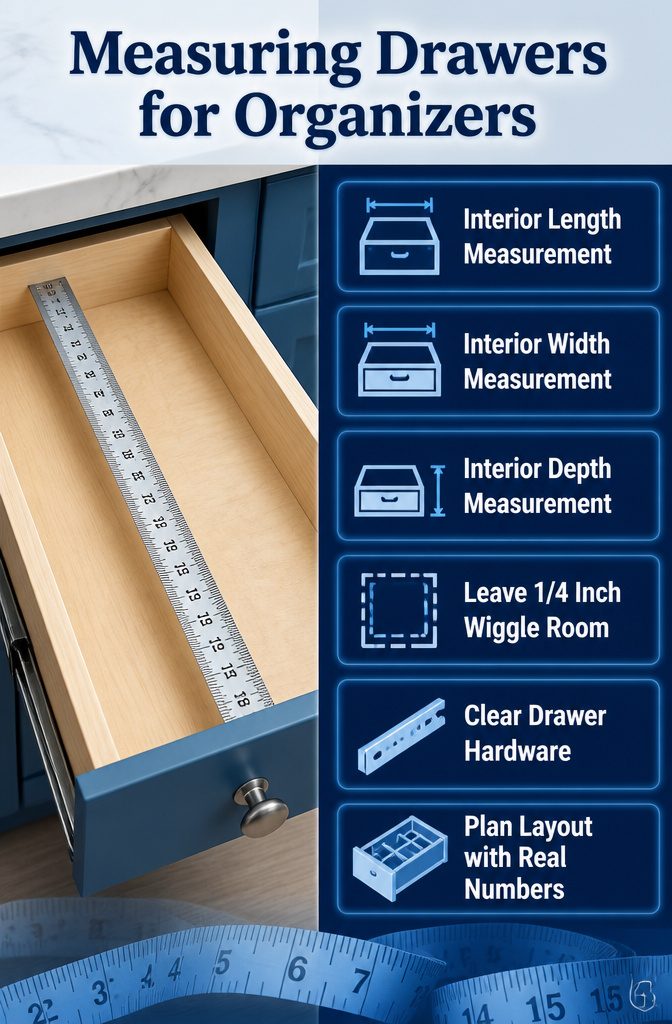 Drawer Organizer Ideas: 7 Storage Types That Actually Fit 10 Measuring tape held next to a kitchen drawer for accurate sizing.