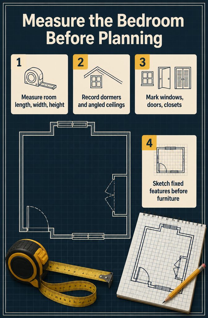 How to Design a Bedroom: 6 Steps from Measuring to Finishing 2 Tape measure stretched across a bedroom floor near a wall and window