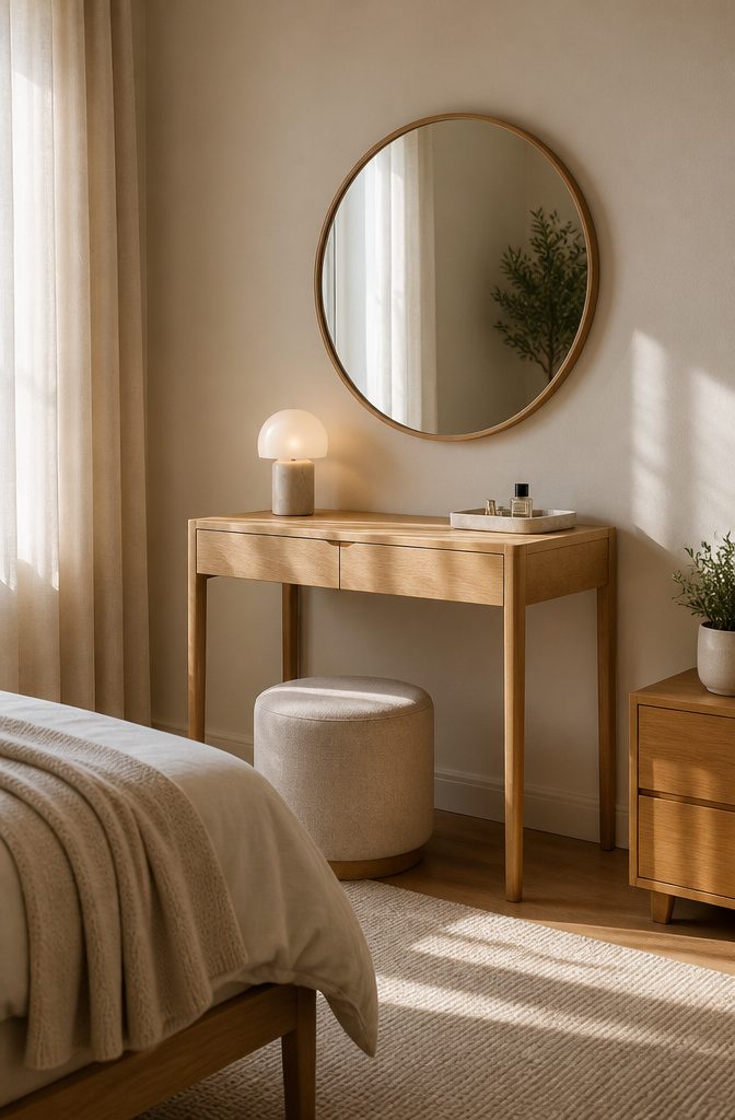 8 Dressing Table Ideas for Bedrooms: Styles for 2026 4 A simple dressing table with a round mirror and minimal accessories.
