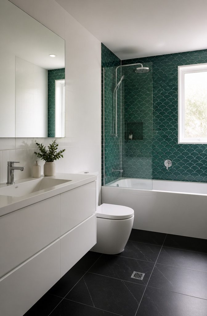 10 Cute Bathroom Ideas for Colorful, Playful Spaces (2026) 10 Bathroom with white walls and an emerald mermaid tile accent wall.
