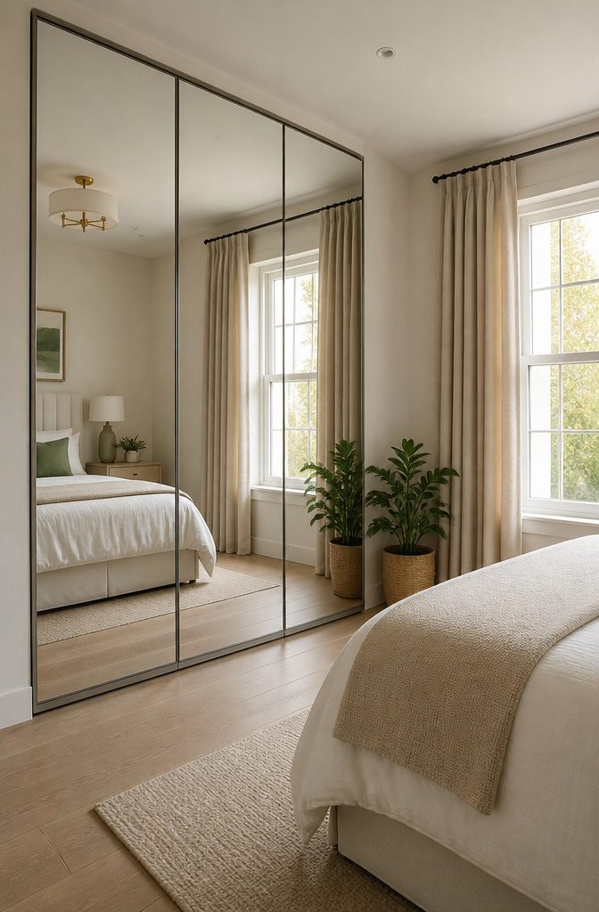 10 Bedroom Cabinet Ideas to Organize and Complete a Room in 2026 6 A mirrored cabinet reflecting light in a softly lit bedroom.