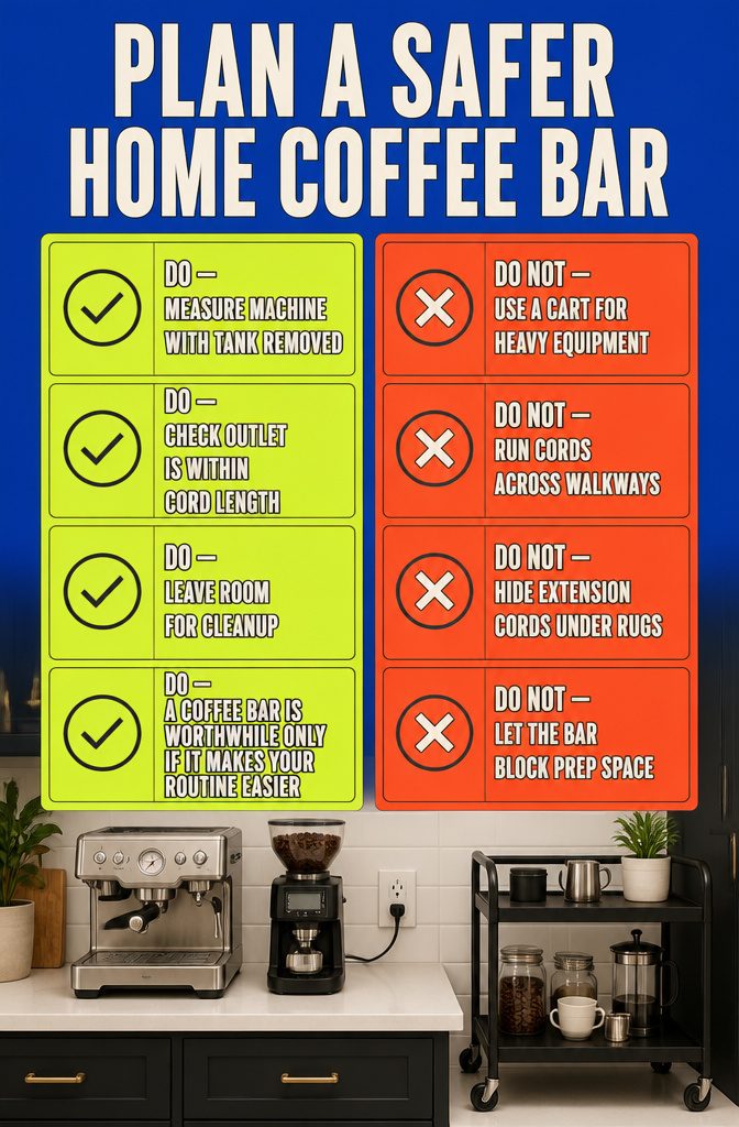 Coffee bar safety graphic with furniture and electrical planning details