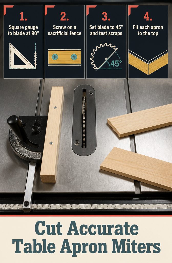 Table saw miter gauge and square set up beside apron stock