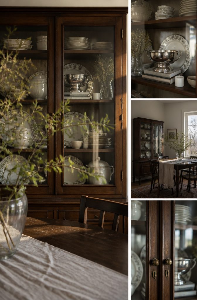 Art books and a vase arranged beside dishes in a china cabinet