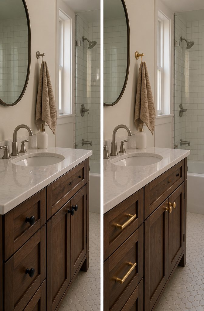 19 Ways to Style a Bathroom Without a Full Remodel 10 Bathroom with brushed gold mirror frames and matte black faucet