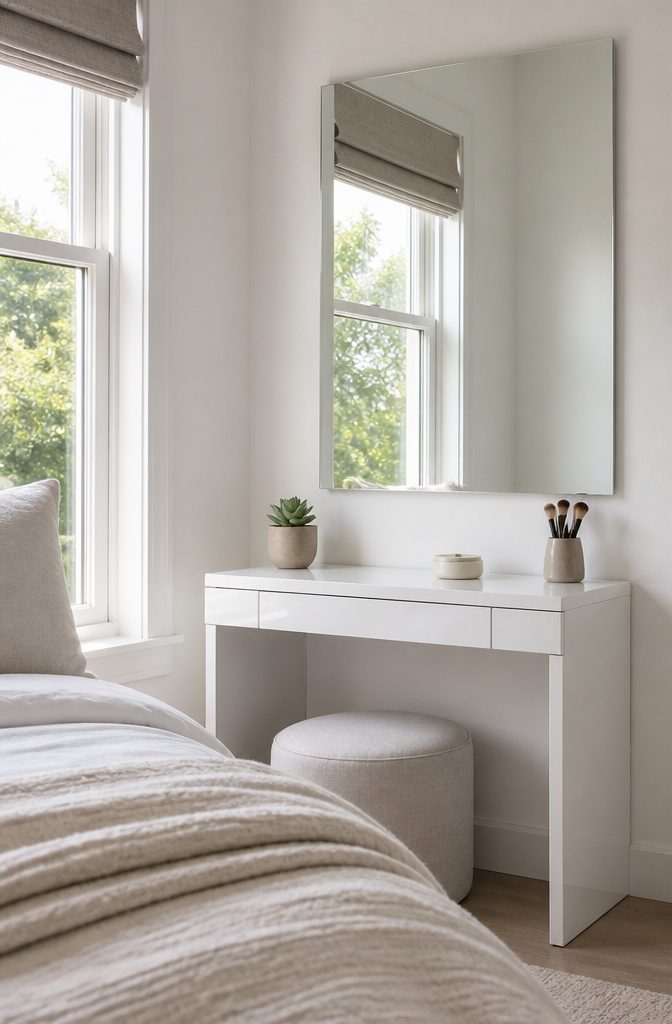 Modern minimalist vanity against a bright wall with clean lines.