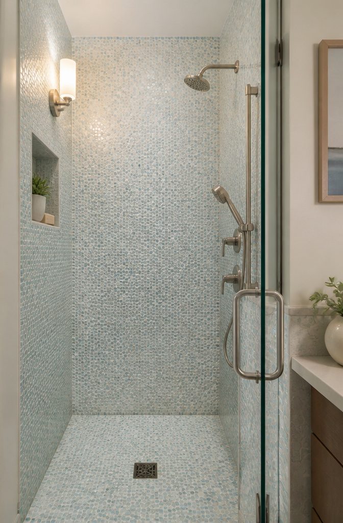 10 Small Bathroom Shower Ideas for 2026 Renovations 8 Mosaic tiles in soft whites and pastels cover the shower walls and floor.