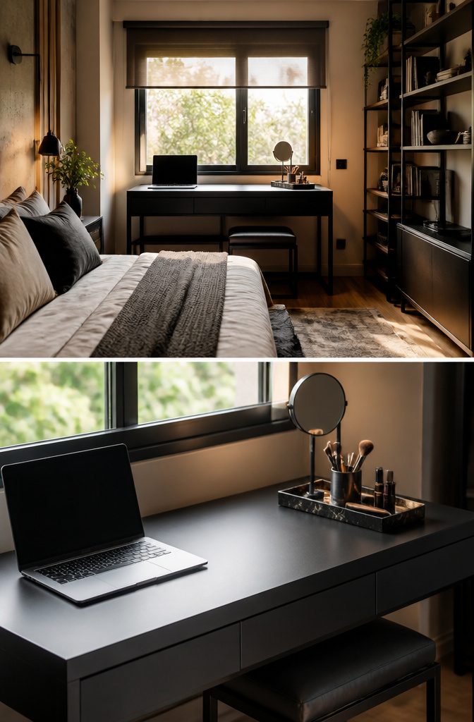 8 Dressing Table Ideas for Bedrooms: Styles for 2026 6 A dual-purpose dressing table with a laptop and makeup items.