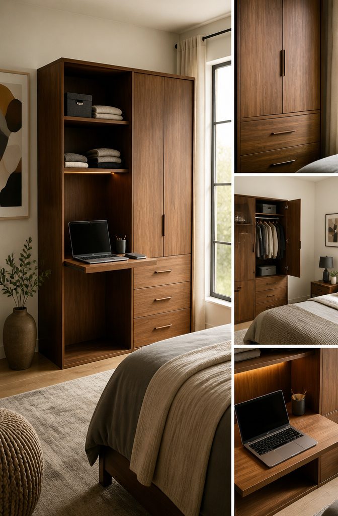 10 Bedroom Cabinet Ideas to Organize and Complete a Room in 2026 11 A cabinet with a pull-out shelf for a TV and storage for clothing.