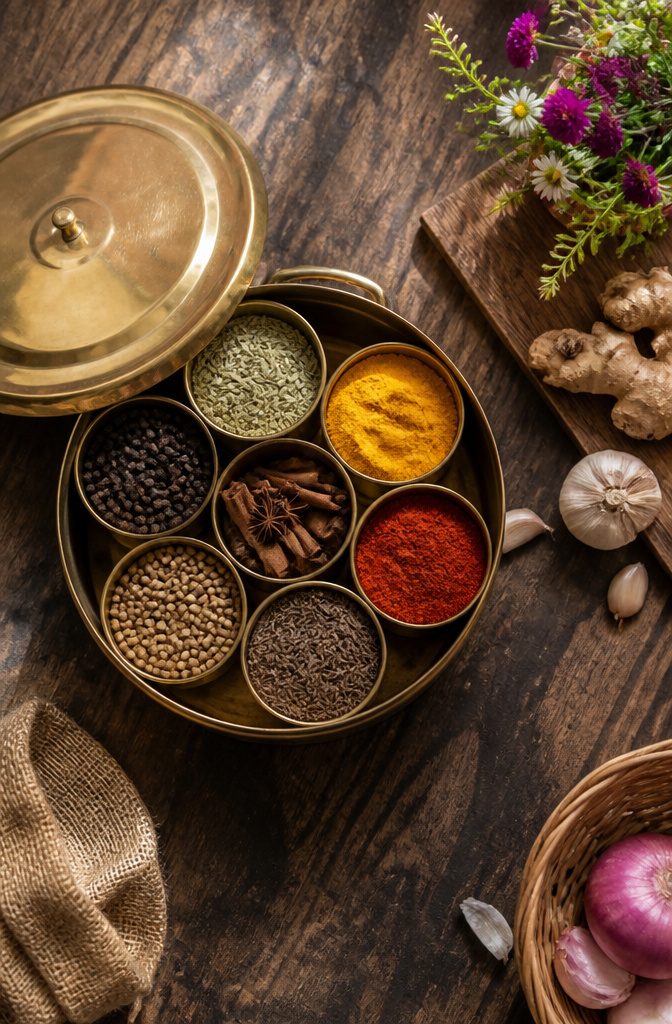 An Indian-style multi-spice box with multiple small bowls.