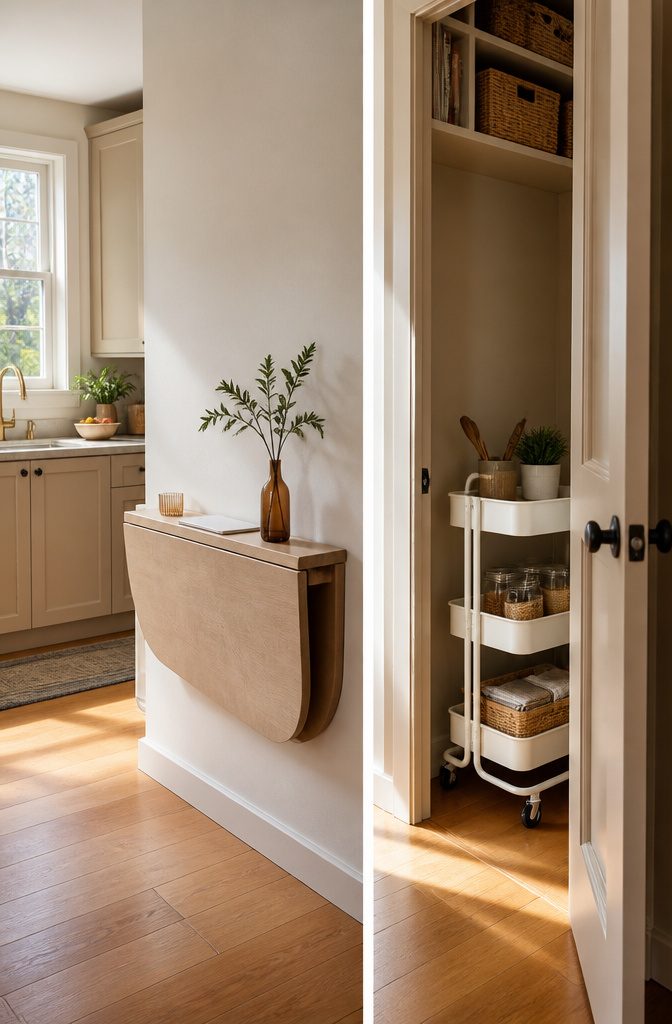 6 Efficient Storage Ideas to Declutter Any Room in 2026 2 A drop-leaf table mounted on the wall in a kitchen setting.