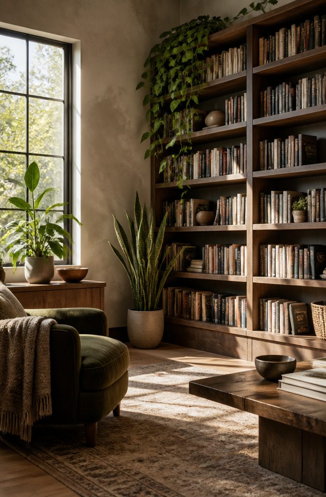 Library area with sunlight and low-maintenance houseplants.