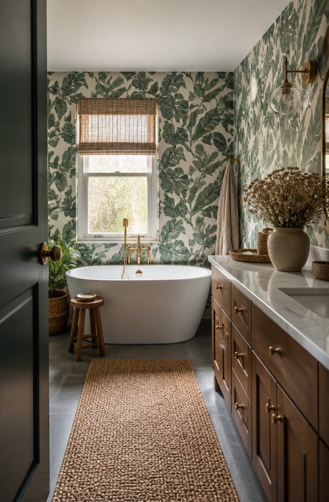 10 Cute Bathroom Ideas for Colorful, Playful Spaces (2026) 8 Bathroom with bold leaf-patterned wallpaper and a white freestanding tub.