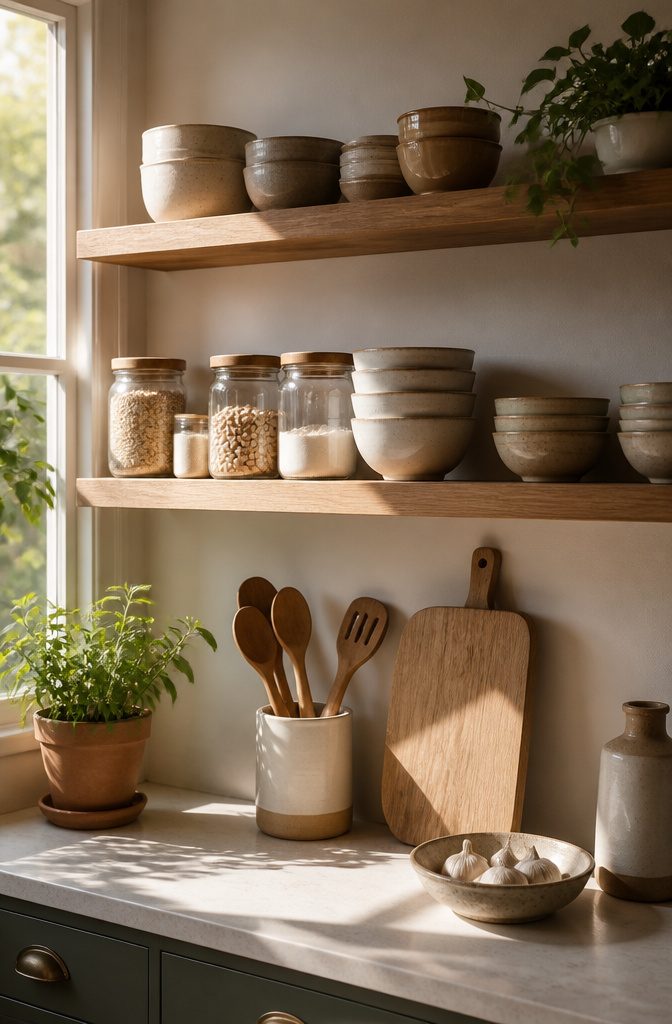 Open kitchen shelves with a few bowls and kitchen items.