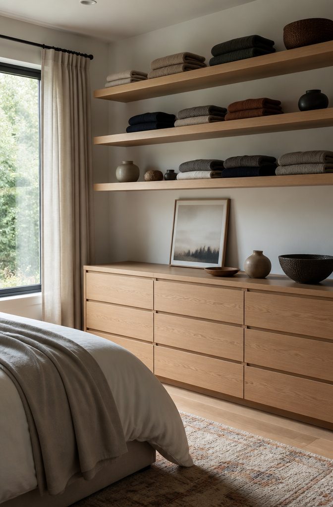 10 Bedroom Cabinet Ideas to Organize and Complete a Room in 2026 7 Open shelving above a dresser displaying neatly stacked sweaters.