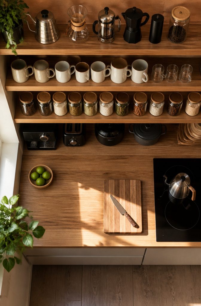 6 Efficient Storage Ideas to Declutter Any Room in 2026 7 Kitchen shelves arranged with daily items at eye level.