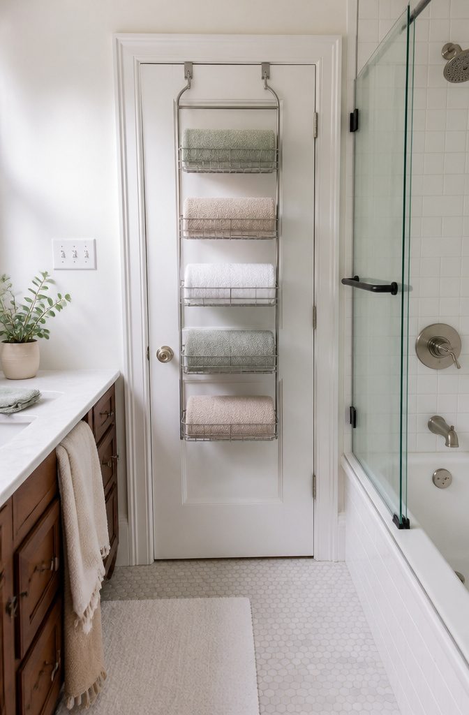 Rolled towels on a shallow shelf mounted above a bathroom door