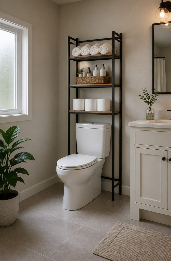10 Tiny Bathroom Storage Ideas to Maximize Every Inch in 2026 2 A tall over-the-toilet storage unit with open shelves holding towels and toiletries.