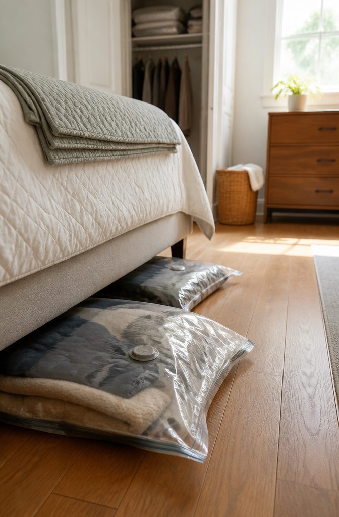 12 Ways to Organize Your Bedroom and Keep It That Way 12 Sealed storage bags filled with seasonal clothing and bedding