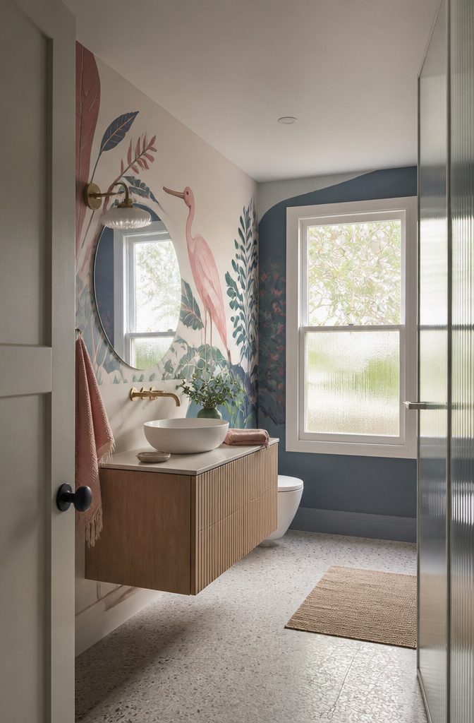 17 Ways to Decorate a Mirror Frame (Materials & Methods) 14 Bathroom mirror framed by a wall mural of birds and painted patterns