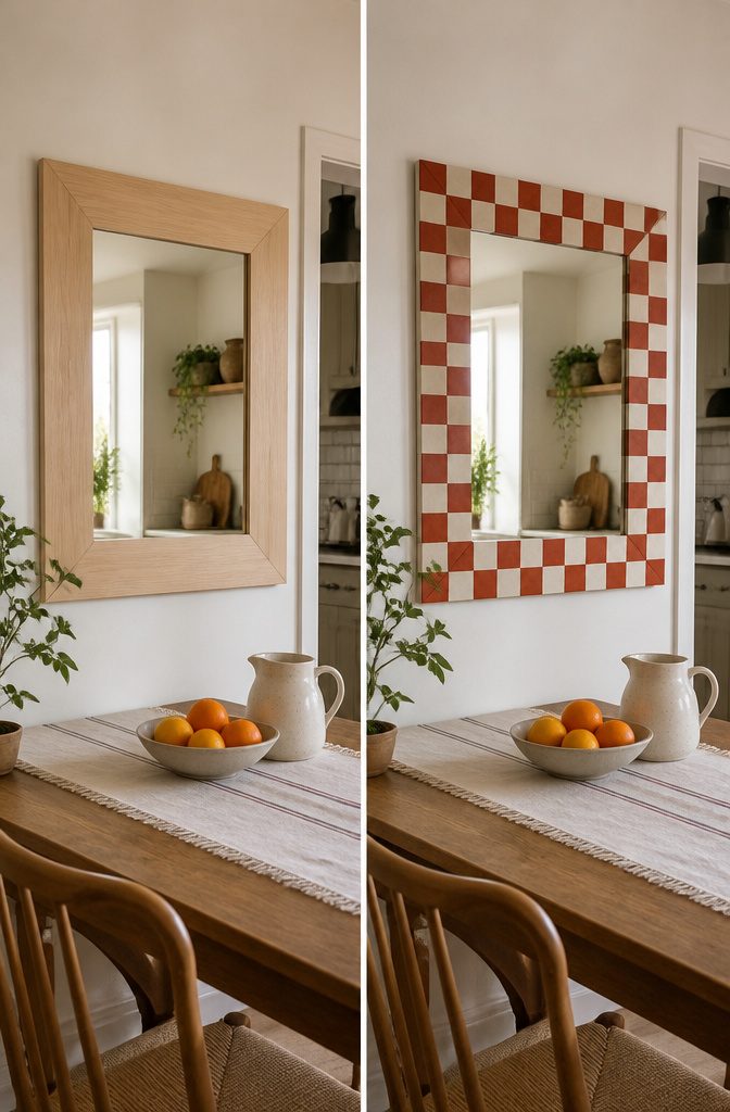 17 Ways to Decorate a Mirror Frame (Materials & Methods) 7 Mirror frame painted with a geometric pattern in contrasting colors
