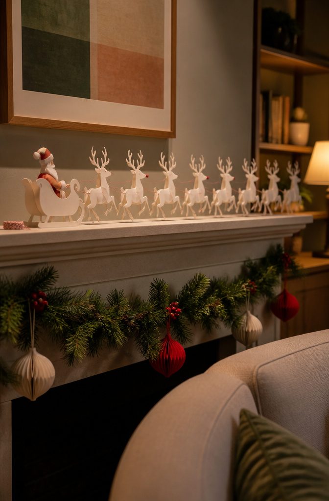 Paper Santa in a sleigh with reindeer and a red sequin nose
