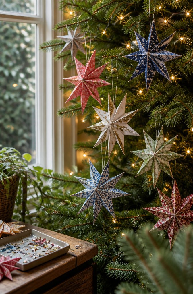Patterned paper stars hanging at different heights on a lit Christmas tree