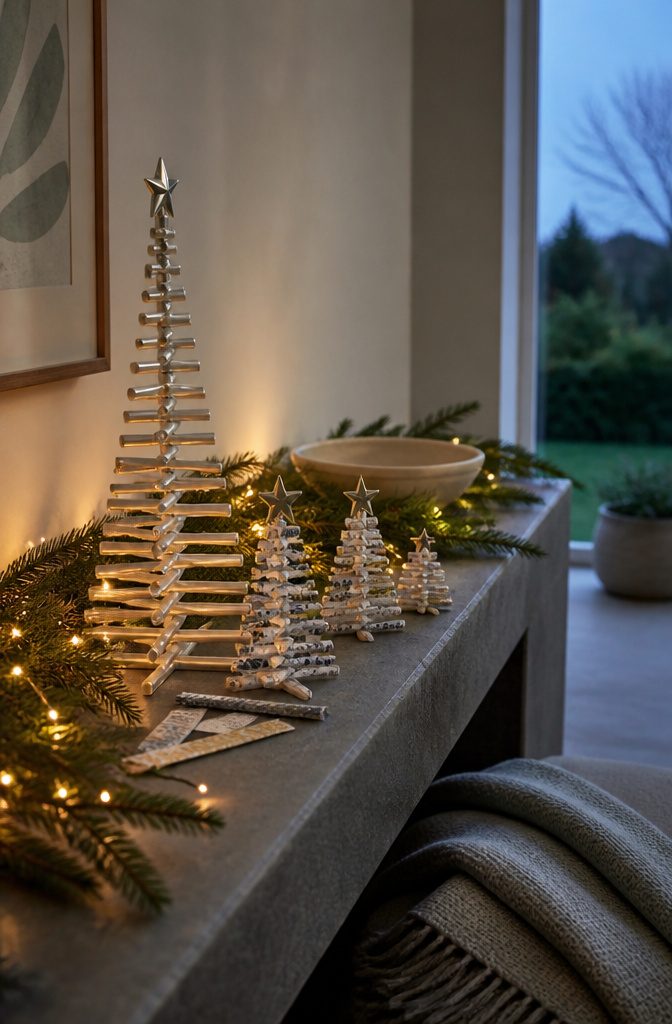 Folded paper straw trees with star toppers on a mantel