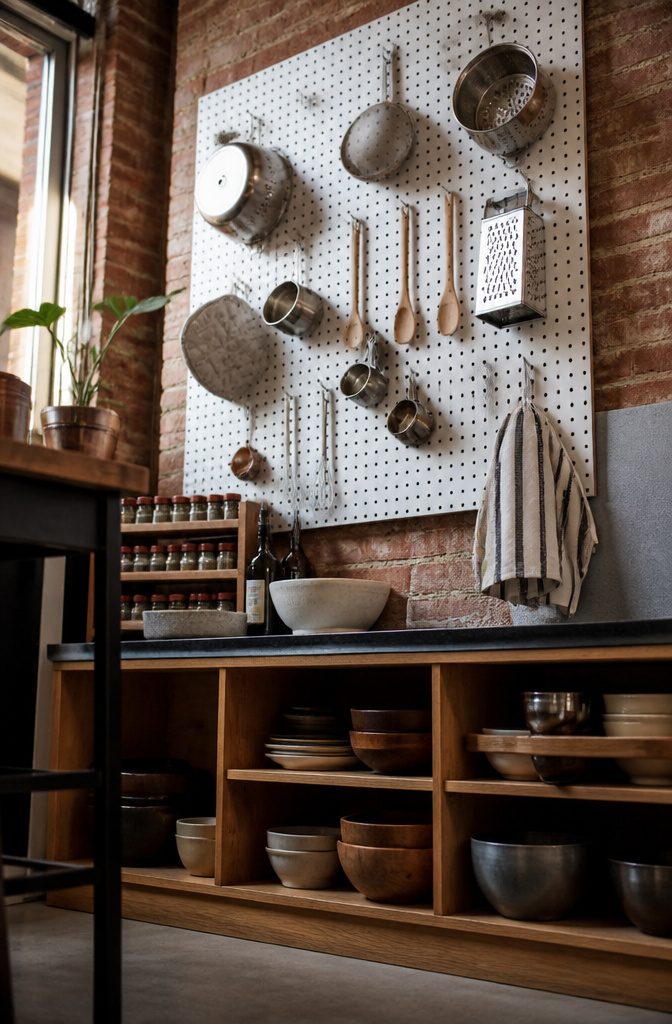 A pegboard displaying kitchen tools and utensils on hooks.