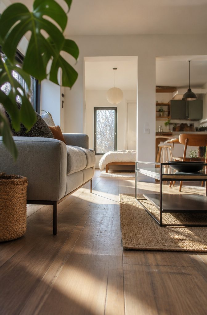 15 Ways to Decorate Small Apartments That Feel Open 9 Sofa and coffee table with visible legs above the apartment floor