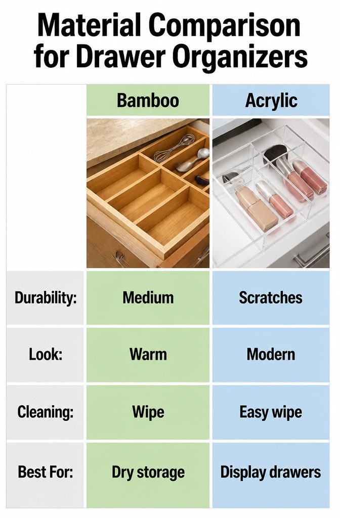 Drawer Organizer Ideas: 7 Storage Types That Actually Fit 13 Chart comparing bamboo, acrylic, and plastic drawer organizers.