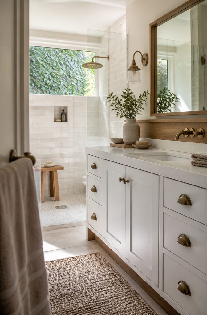 Farmhouse bathroom with a natural wood Shaker vanity
