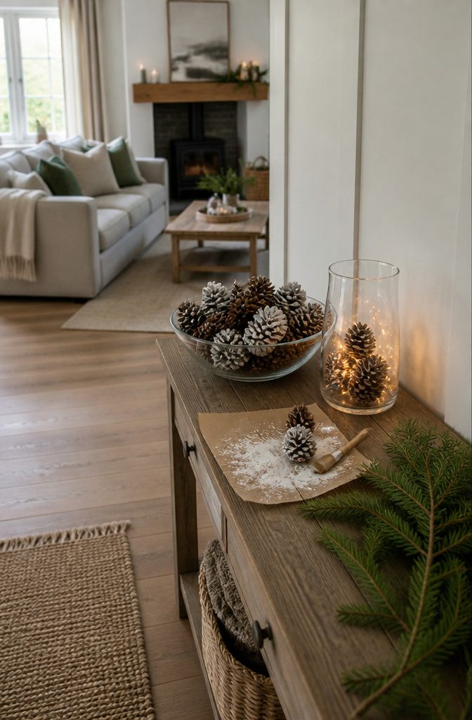 Pinecones gathered in a clear glass bowl for a seasonal display