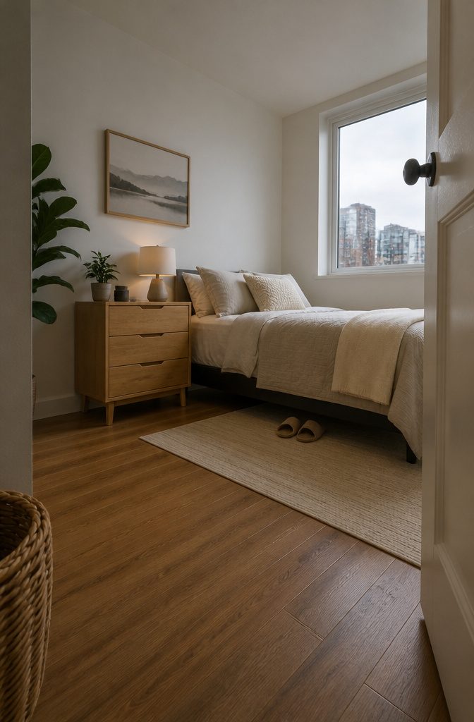 12 Ways to Organize Your Small Room Without Wasting Space 9 Small bedroom with bed placed along a long wall and open floor space