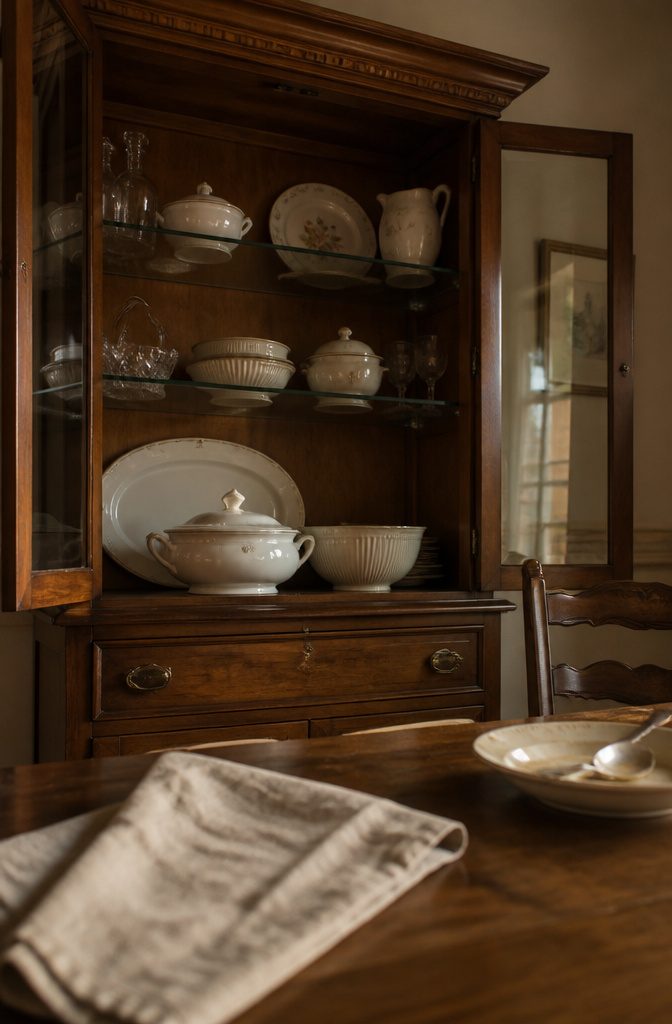 Large serving platters and bowls arranged on the lower cabinet shelf