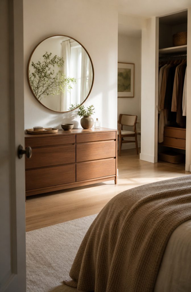 10 Ways to Decorate a Full Length Mirror in Any Room 10 Round mirror above a bedroom dresser reflecting curtains and a leafy branch