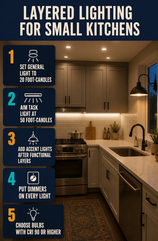 16 Ways to Decorate a Small Kitchen That Actually Work 12 Layered kitchen lighting diagram with ceiling lights, under-cabinet lights and pendant